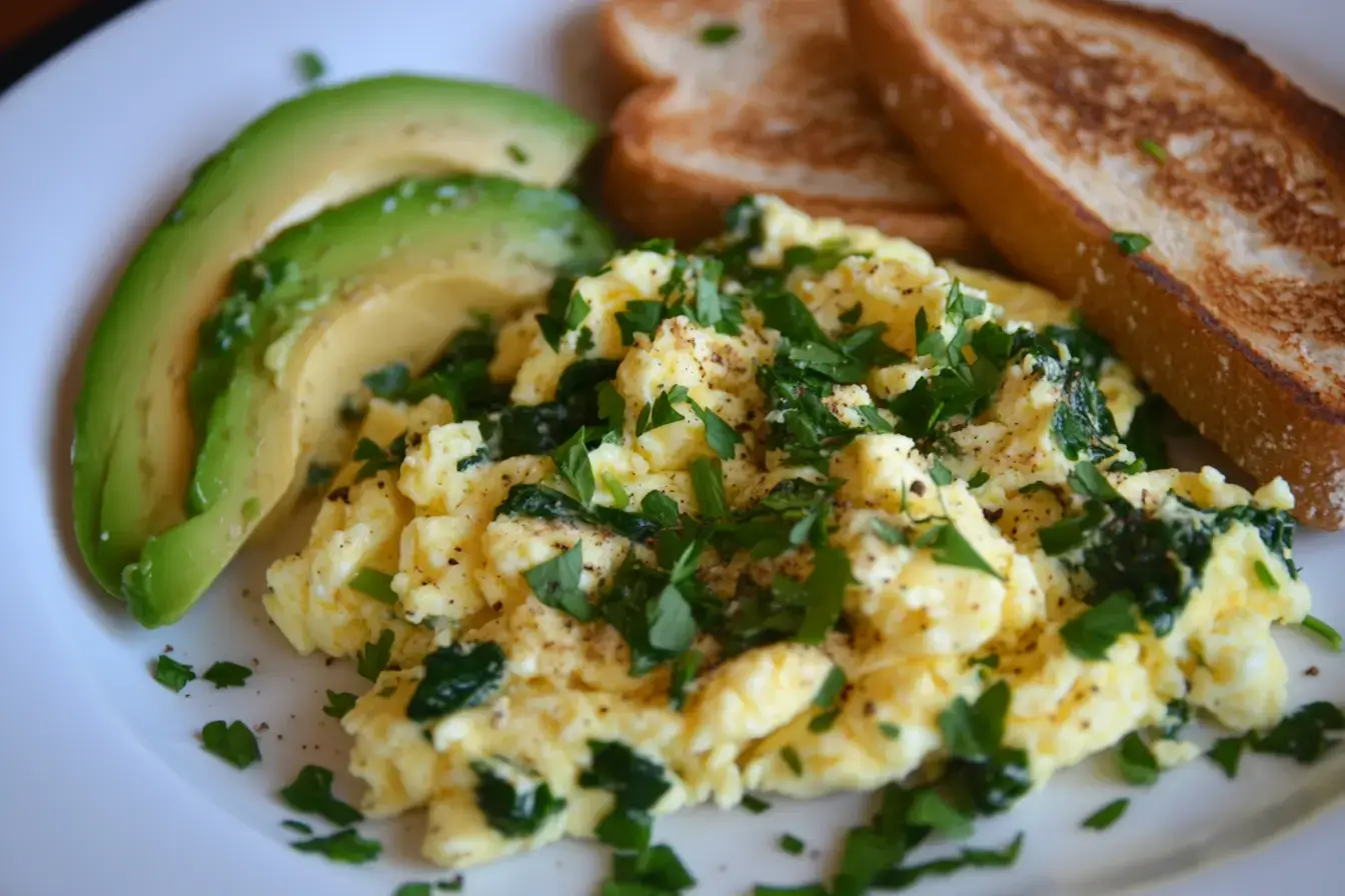 Fluffy Scrambled Eggs With Spinach, Garnished With Parsley, Served With Toast And Avocado Slices.