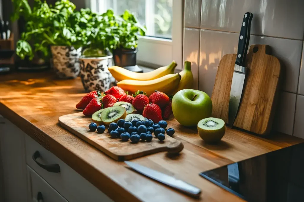 Fresh Fruits And Kitchen Tools Ready For Making Fruit Salad.