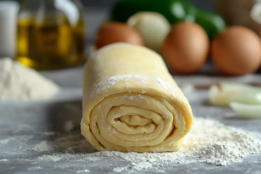 Ingredients For Puff Pastry Breakfast Pizza Arranged On A Wooden Counter.