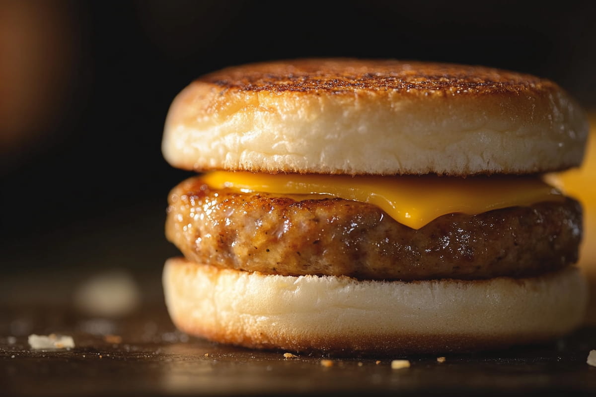 Is McDonald's Breakfast Sausage Beef? Breakfast Sausage Patty Sandwiched Between Golden Toasted Burger Buns, Showcasing A Classic Breakfast Sandwich With Crisp, Appetizing Details.