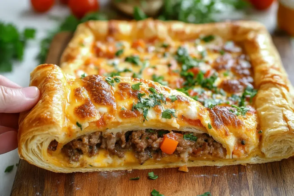 Puff Pastry Breakfast Pizza On A Wooden Board With A Slice Being Served