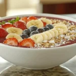 Delicious smoothie bowl with fresh fruits and toppings