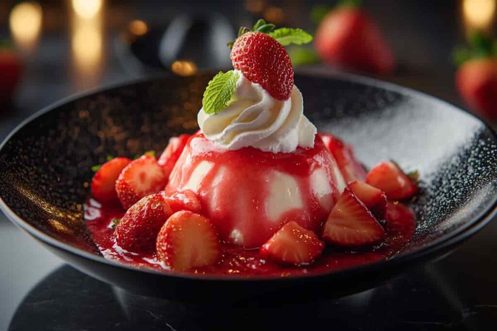 A vibrant bowl of creamy strawberry pudding topped with fresh strawberries and whipped cream, surrounded by scattered berries and mint leaves, all bathed in soft, natural light.