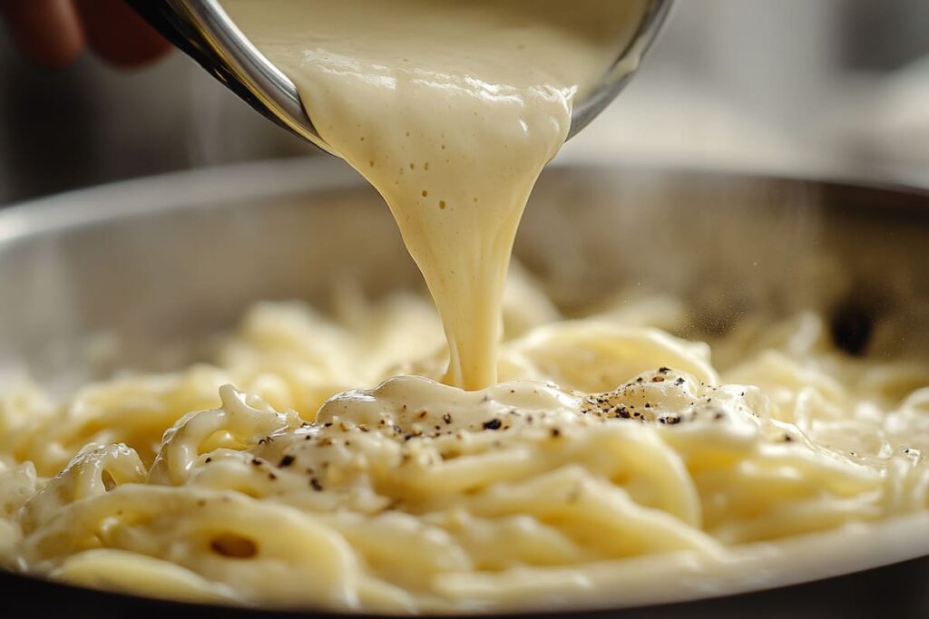 The Creamy Carbonara Sauce Being Poured Over Freshly Cooked Pasta, Showcasing The Rich Texture And Ingredients