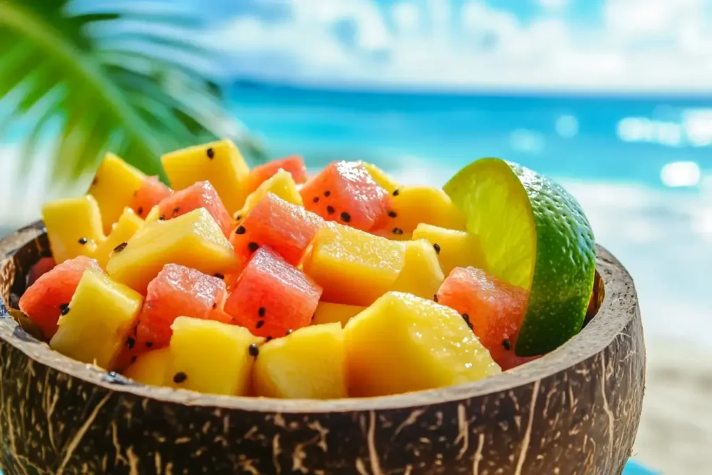 Tropical Fruit Salad With Mango, Pineapple, And Papaya In A Coconut Bowl