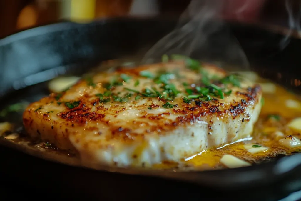 A Sizzling Rockfish Fillet In A Cast Iron Skillet