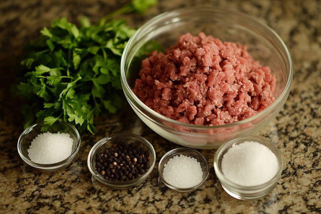 An Image Of Ingredients On A Kitchen Counter Including Ground Beef In A Bowl, Salt In A Small Glass Bowl, Black Pepper In A Small Glass Bowl, Sugar In A Small Glass Bowl, Some Parsley Around.