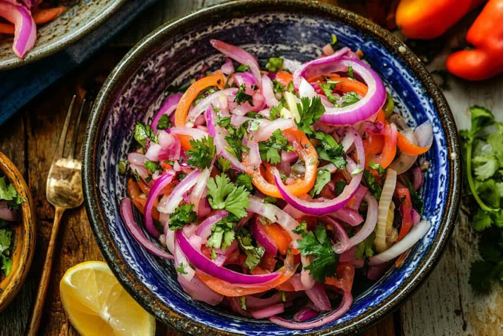 Bowl Of Cebolla Ensalada With Colorful Onions And Cilantro,