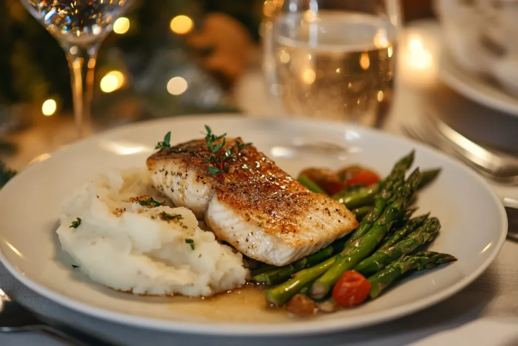 Dinner Table Setup Featuring Pan Seared Rockfish Served With Garlic Mashed Potatoes