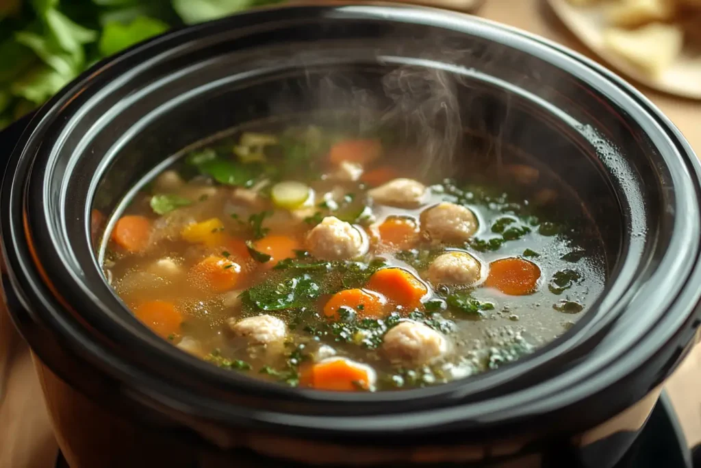 Italian Wedding Soup Being Cooked In A Crock Pot