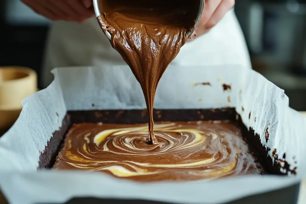 Pouring Brownie Batter Into A Lined Baking Pan, With Swirls Of Banana Puree Visible In The Mix