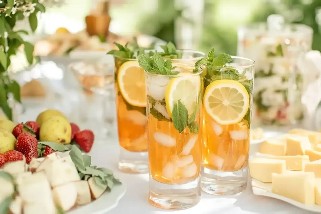 A Beautifully Styled Table Featuring Glasses Of Arnold Palmer Drink Garnished With Lemon Slices And Mint, Paired With Light Snacks Like Cheese And Fruit.