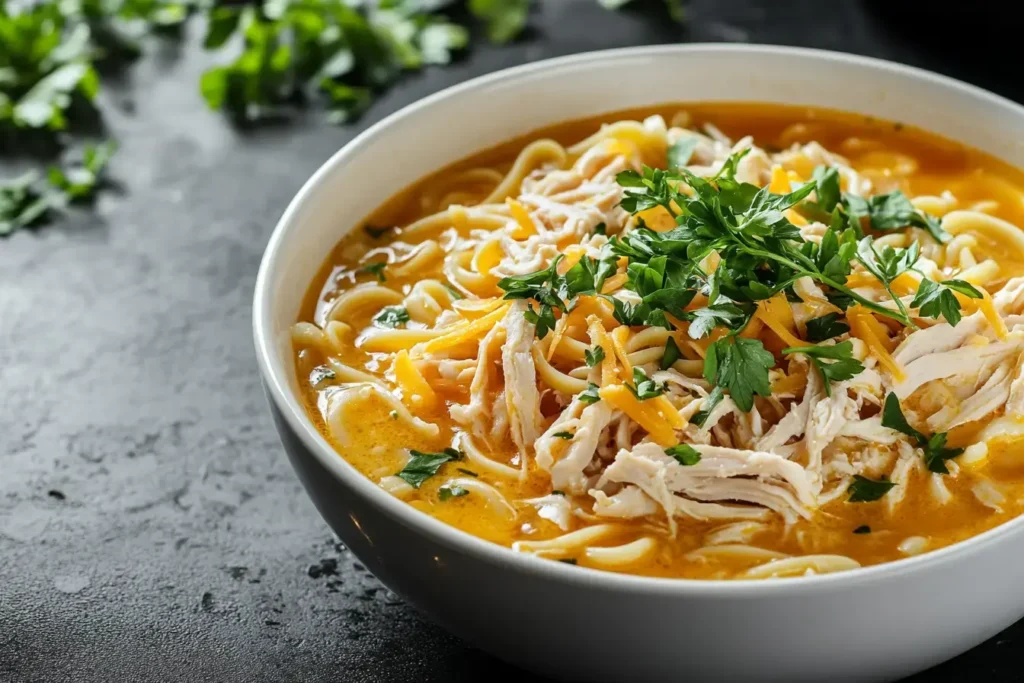 A Bowl Of Creamy Crack Chicken Noodle Soup With Egg Noodles.
