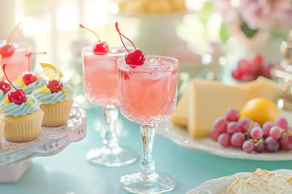 A Brightly Lit Table Arrangement, Shirley Temple Cocktails In Stemmed Glasses With Maraschino Cherries, Surrounded By Miniature Cupcakes