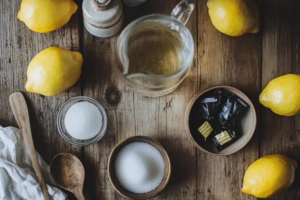 A Flat Lay Image Showcasing Ingredients For The Arnold Palmer Drink