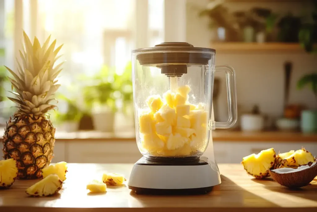 A Sleek Modern Blender Mid Action, Blending Fresh Pineapple And Creamy Coconut