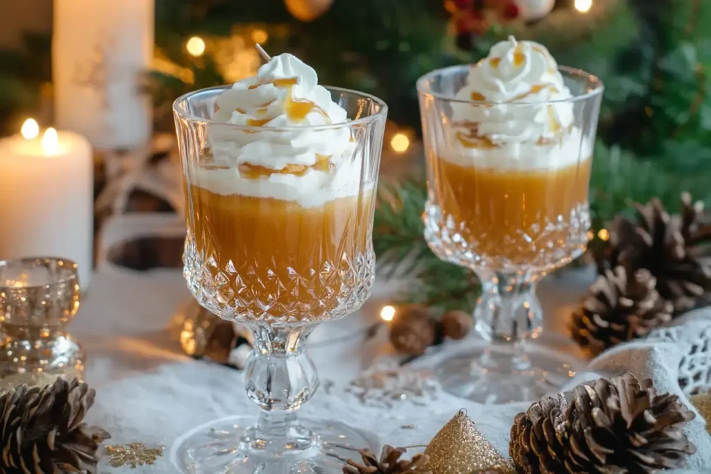 Caramel Apple Mocktail Served In Elegant Glassware With Whipped Cream And Caramel Drizzle,