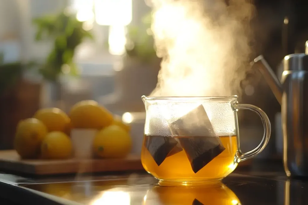 Close Up Of Black Tea Bags Steeping In A Glass Pitcher Filled With Hot Water, With Steam Rising And Fresh Lemons In The Background.